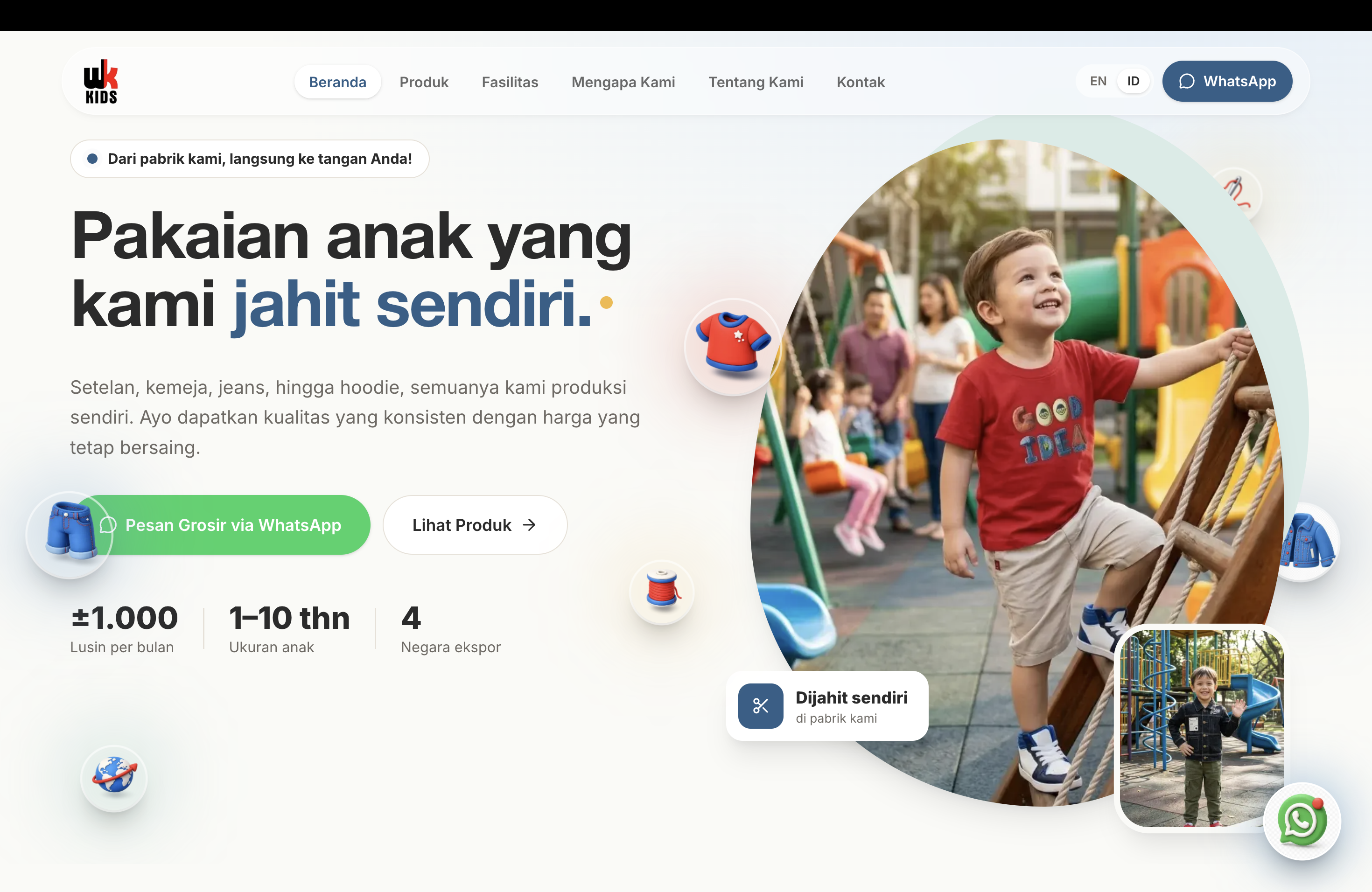 Landing page — produsen pakaian anak dengan pemesanan grosir via WhatsApp